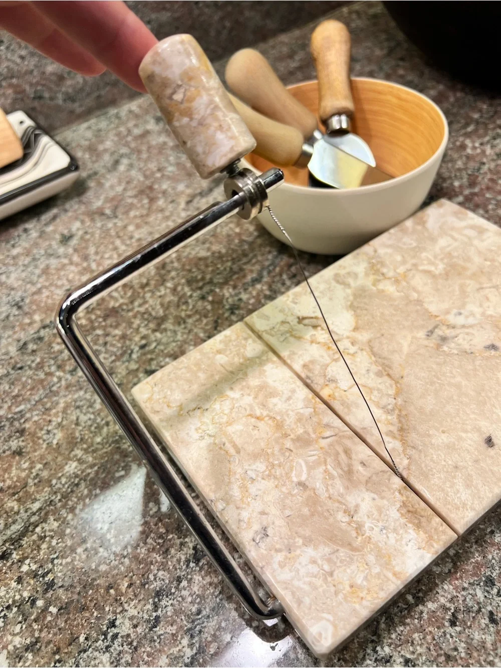 Wood-Handled Cheese Knife Set and marble slicer